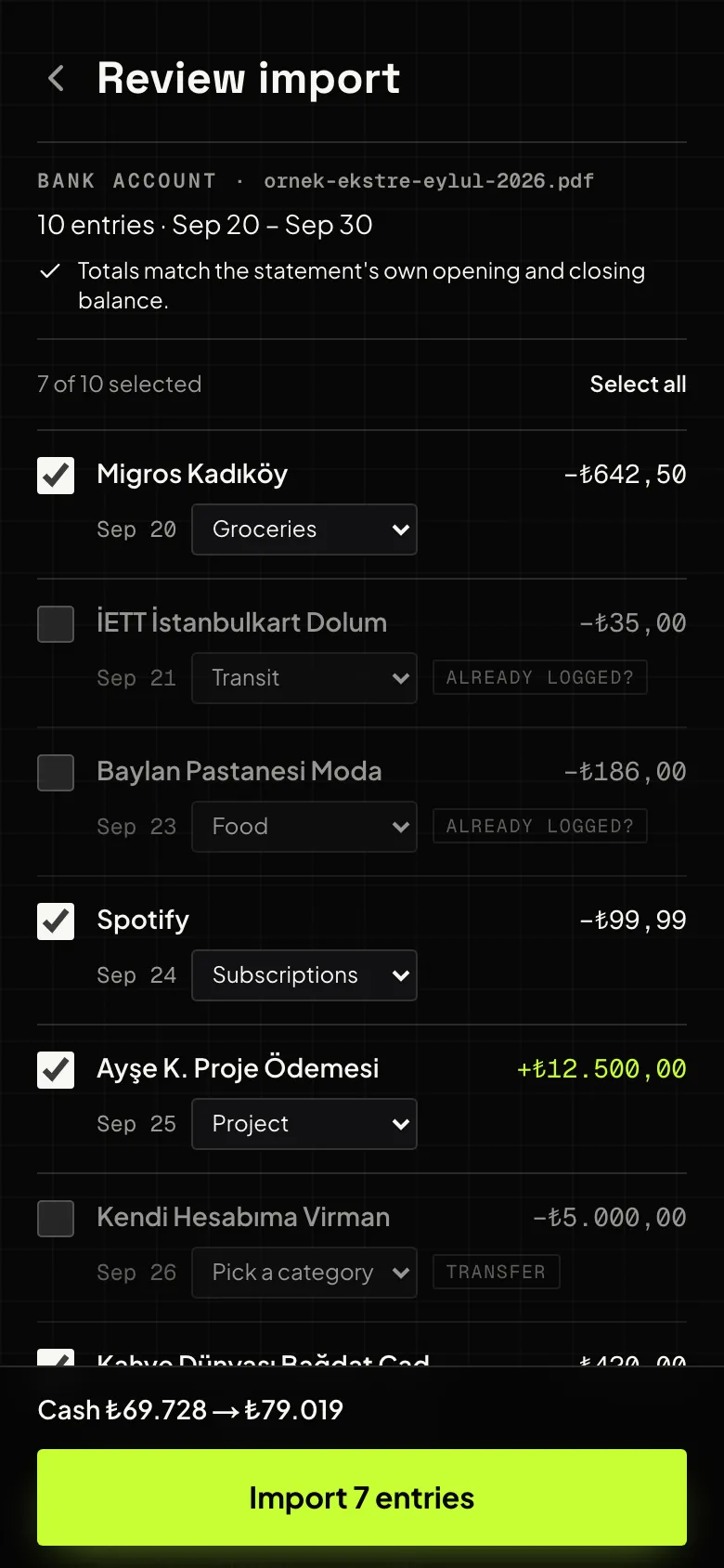 Review import for a bank statement PDF: 10 entries from Sep 20 to Sep 30, a check that the totals match the statement's opening and closing balance, two entries flagged as already logged, a transfer left out, and a button to import 7 entries that moves cash from ₺69.728 to ₺79.019.